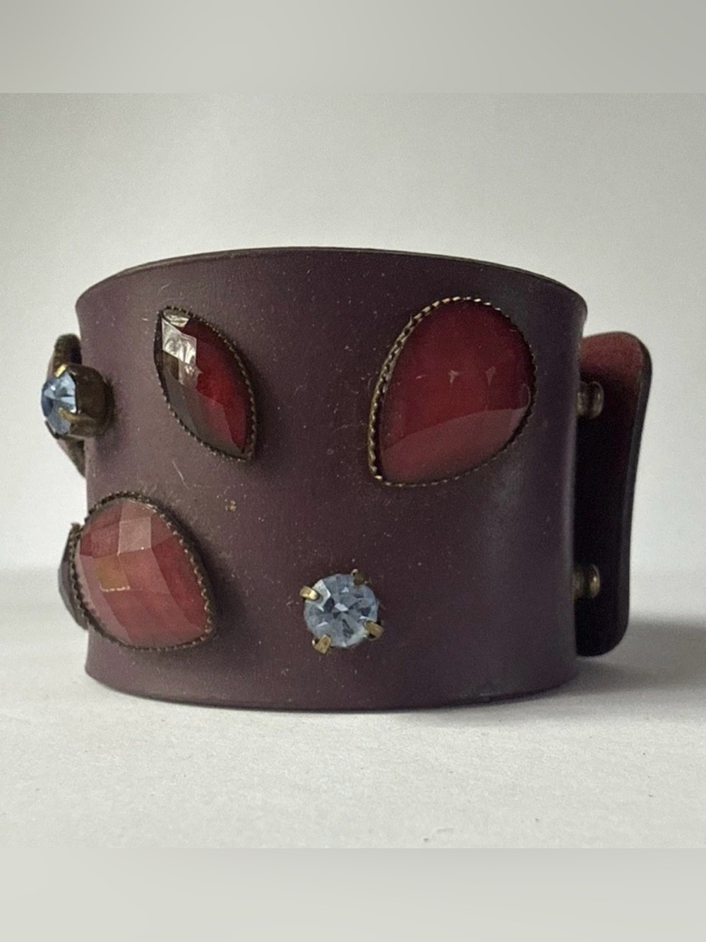 Wide Brown Leather Cuff Bracelet with Red Gem Accents